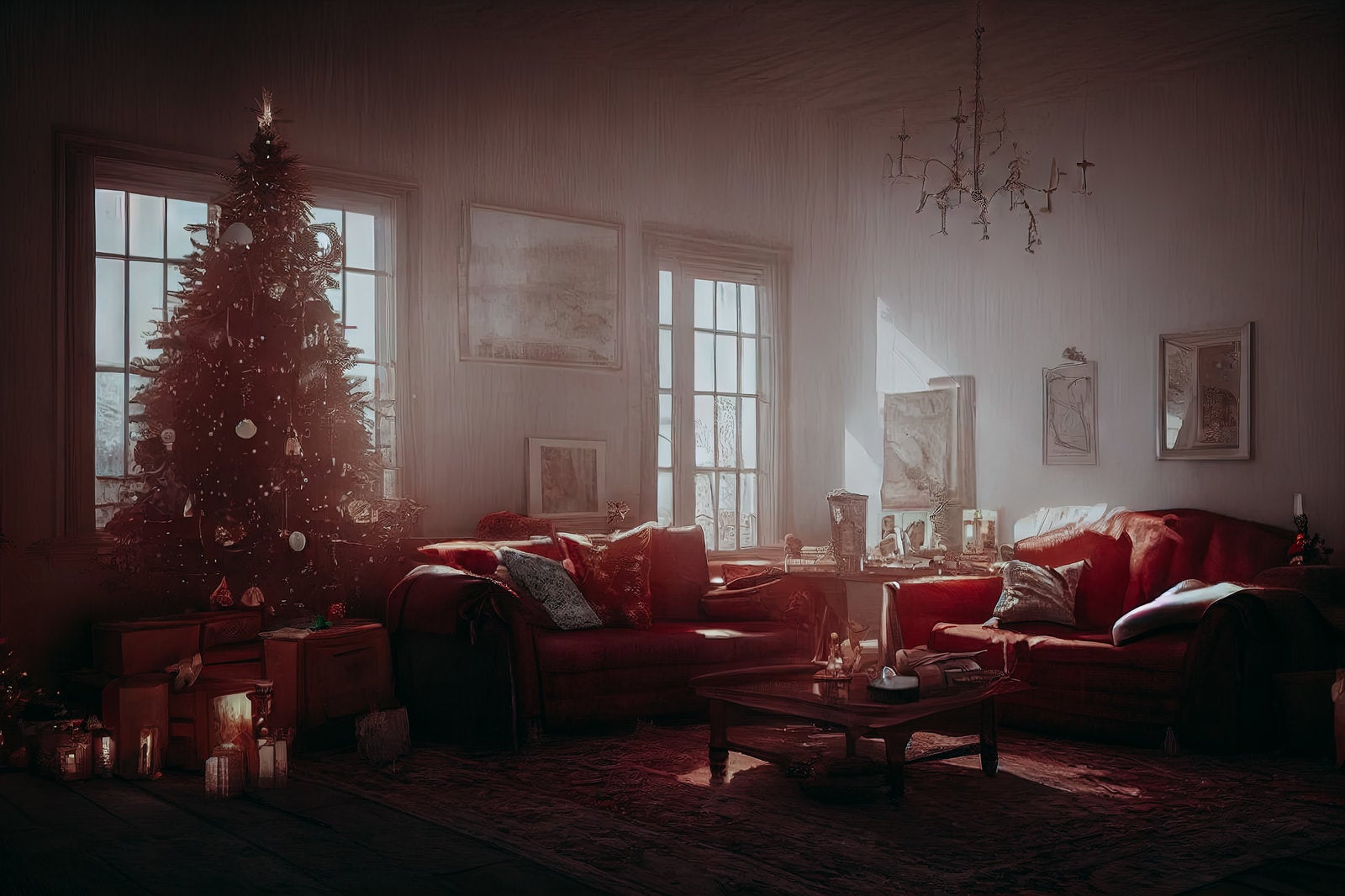 「大きなソファーとクリスマスツリーがあるリビング」の写真