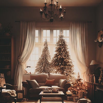 クリスマスツリーが飾り付けられたリビングの写真