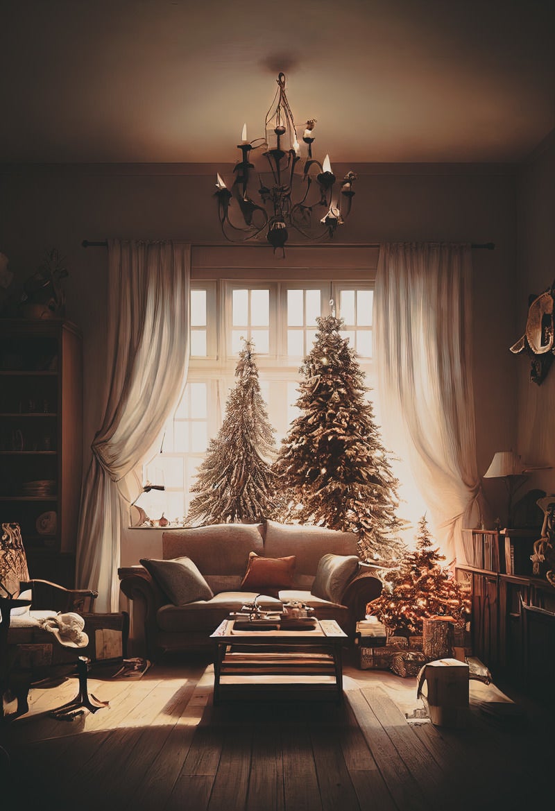 「クリスマスツリーが飾り付けられたリビング」の写真