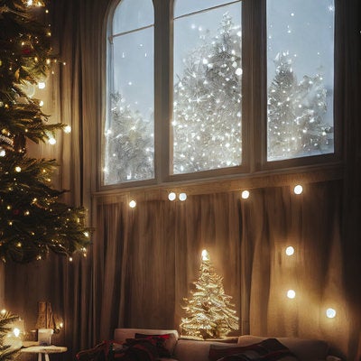 雪が降る外とライトアップされたクリスマスツリーの写真