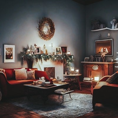 暖炉のあるクリスマス部屋の写真