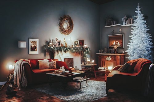 暖炉のあるクリスマス部屋の写真