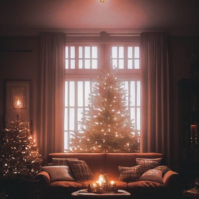 窓際の大きなクリスマスツリーとソファーの写真