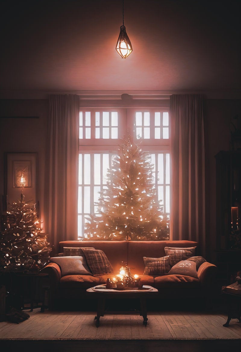 「窓際の大きなクリスマスツリーとソファー」の写真