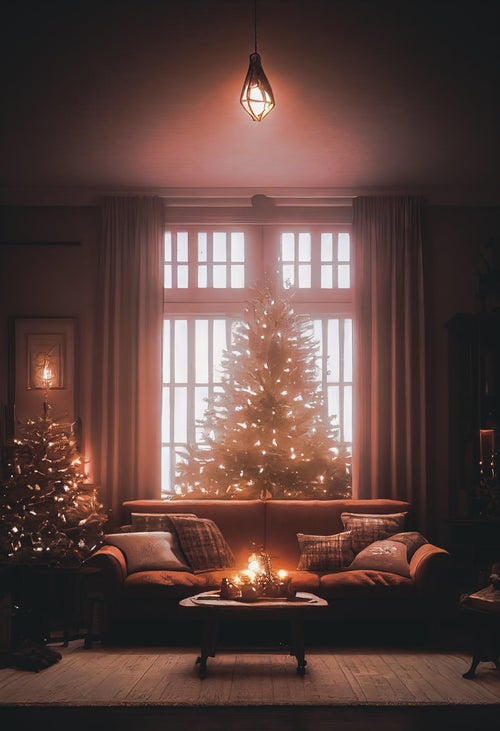 窓際の大きなクリスマスツリーとソファーの写真