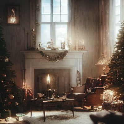 クリスマスツリーと暖炉があるリビングの写真