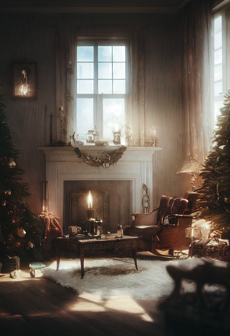 「クリスマスツリーと暖炉があるリビング」の写真