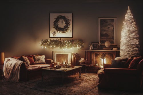ライトアップした薄暗い暖炉とクリスマスツリーの写真