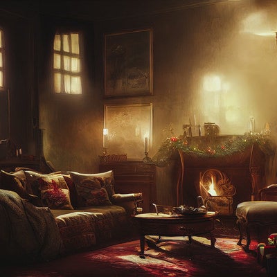 暖炉のあるシックな部屋（クリスマス）の写真