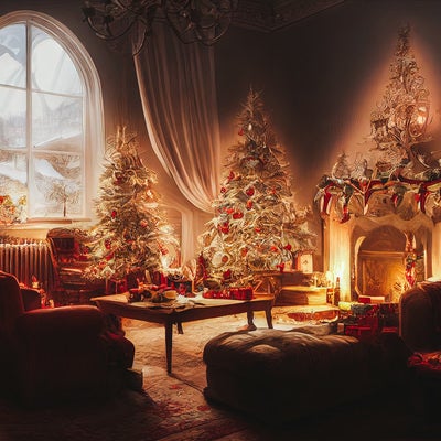 装飾したクリスマスツリーに囲まれた暖炉のある部屋の写真