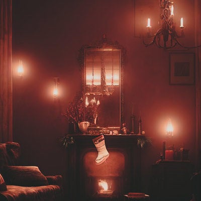 蝋燭と暖炉の灯りに照らされるリビングの写真