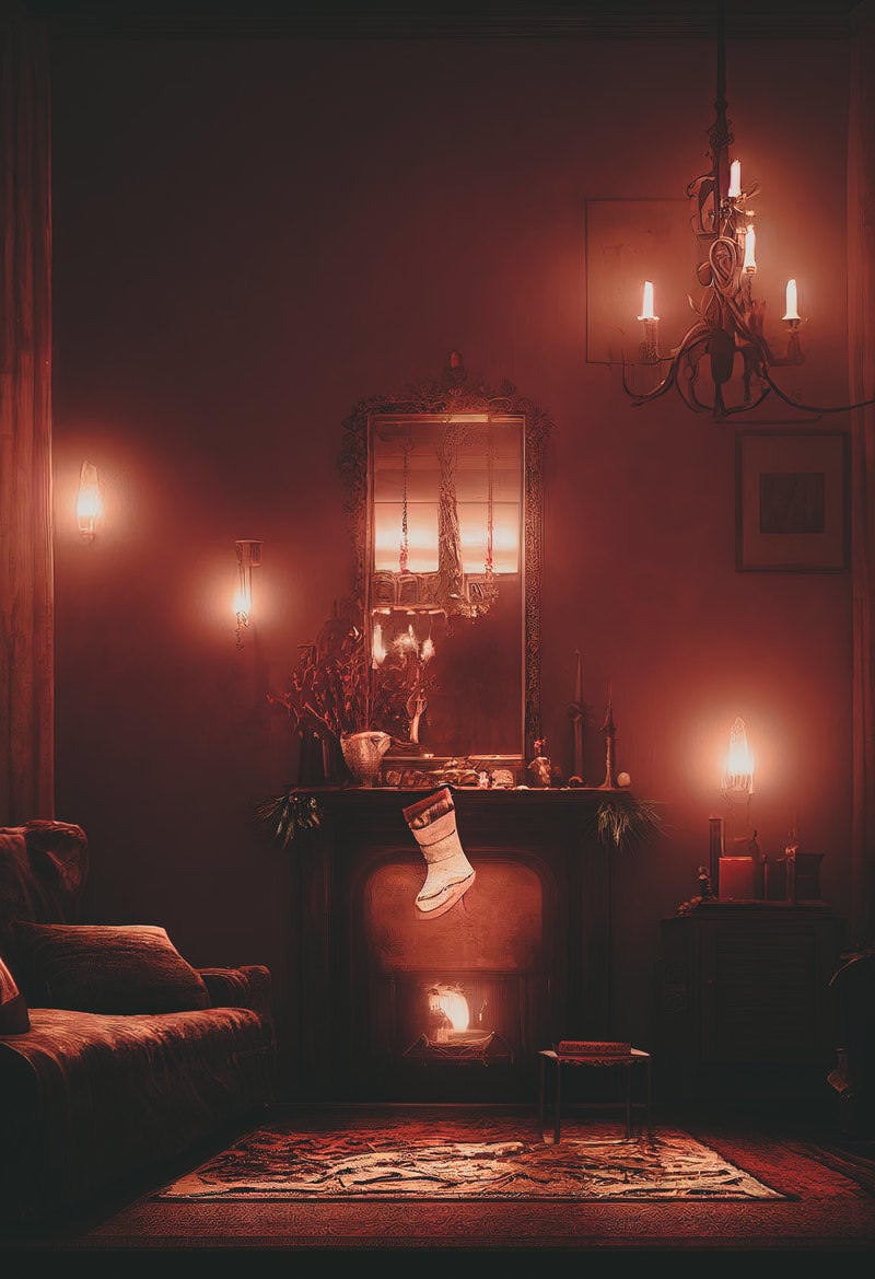 蝋燭と暖炉の灯りに照らされるリビングの写真