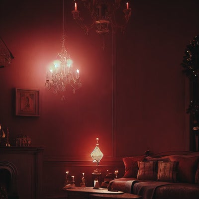シャンデリアの怪しい明かりのある部屋の写真