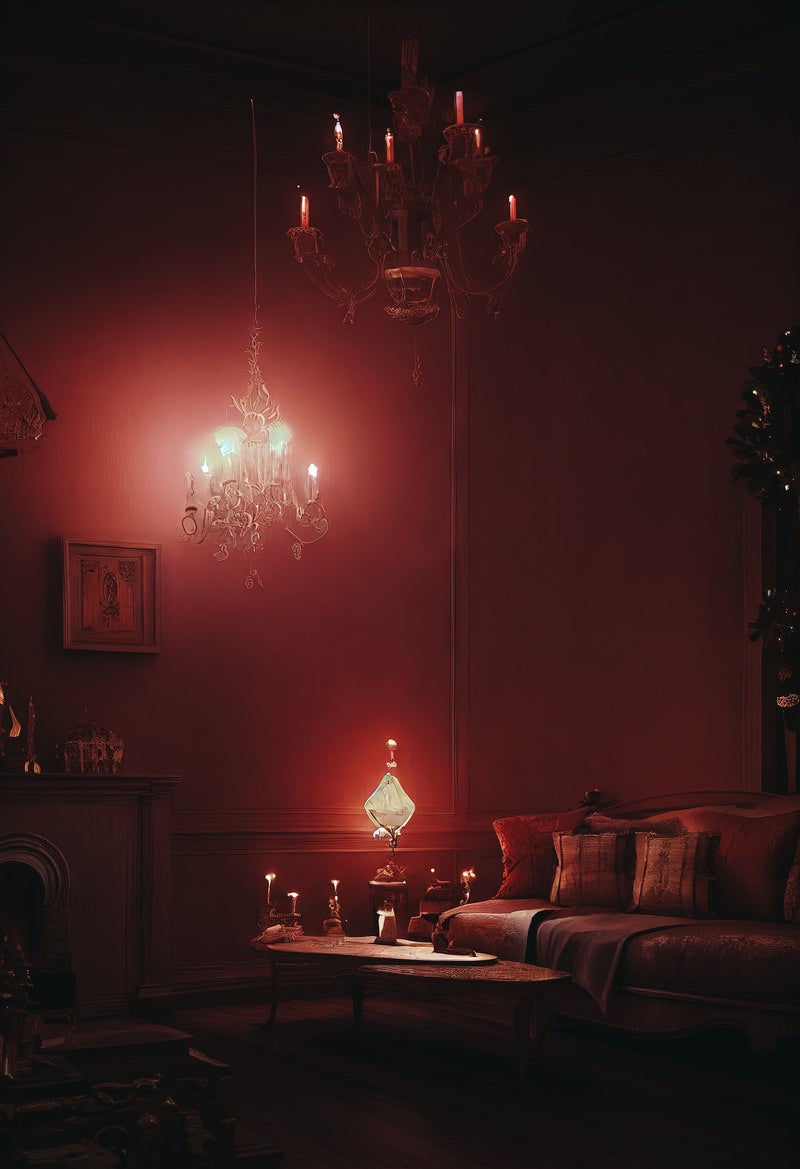 「シャンデリアの怪しい明かりのある部屋」の写真