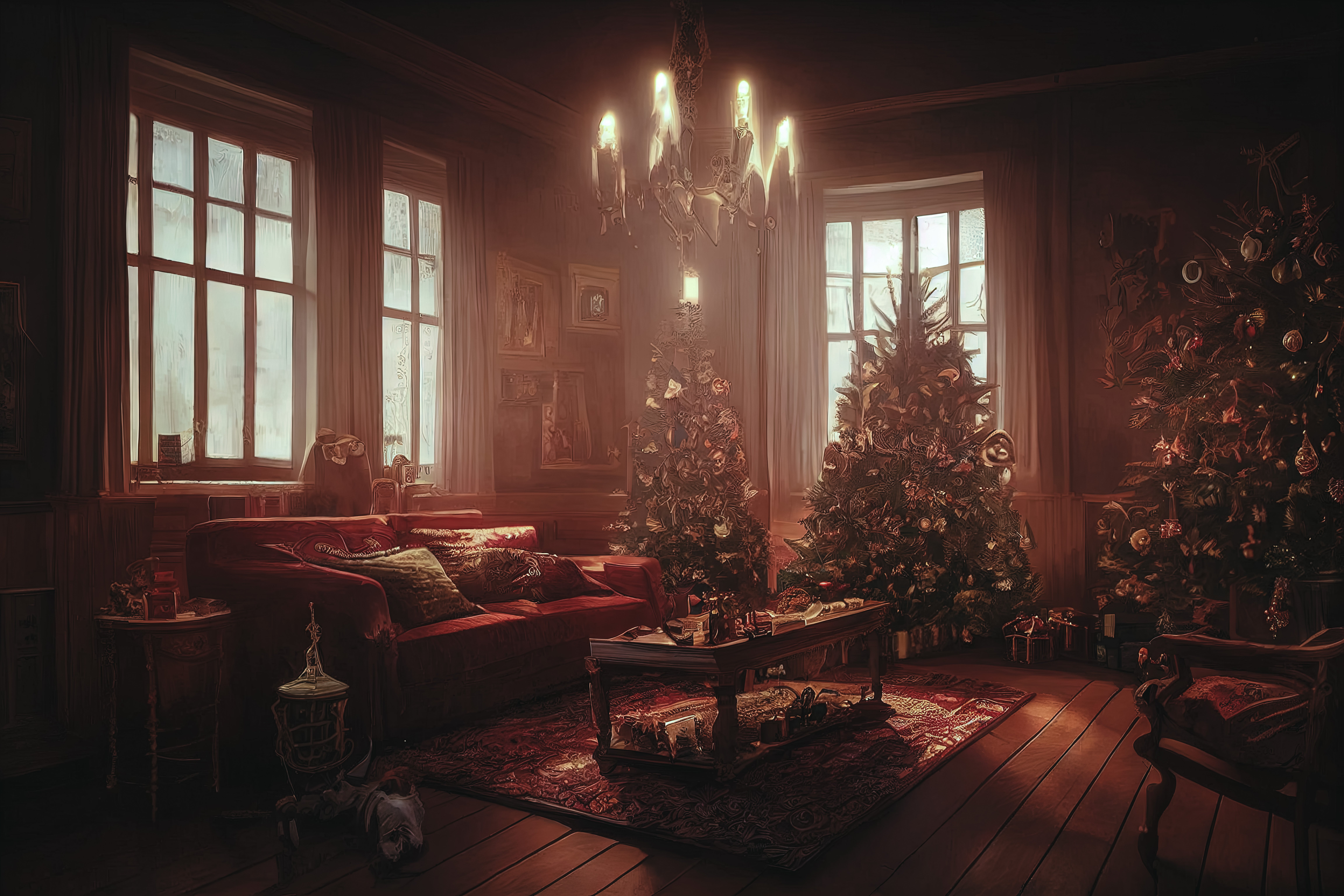 クリスマスツリーとプレゼントが置かれたリビングの様子の無料AI