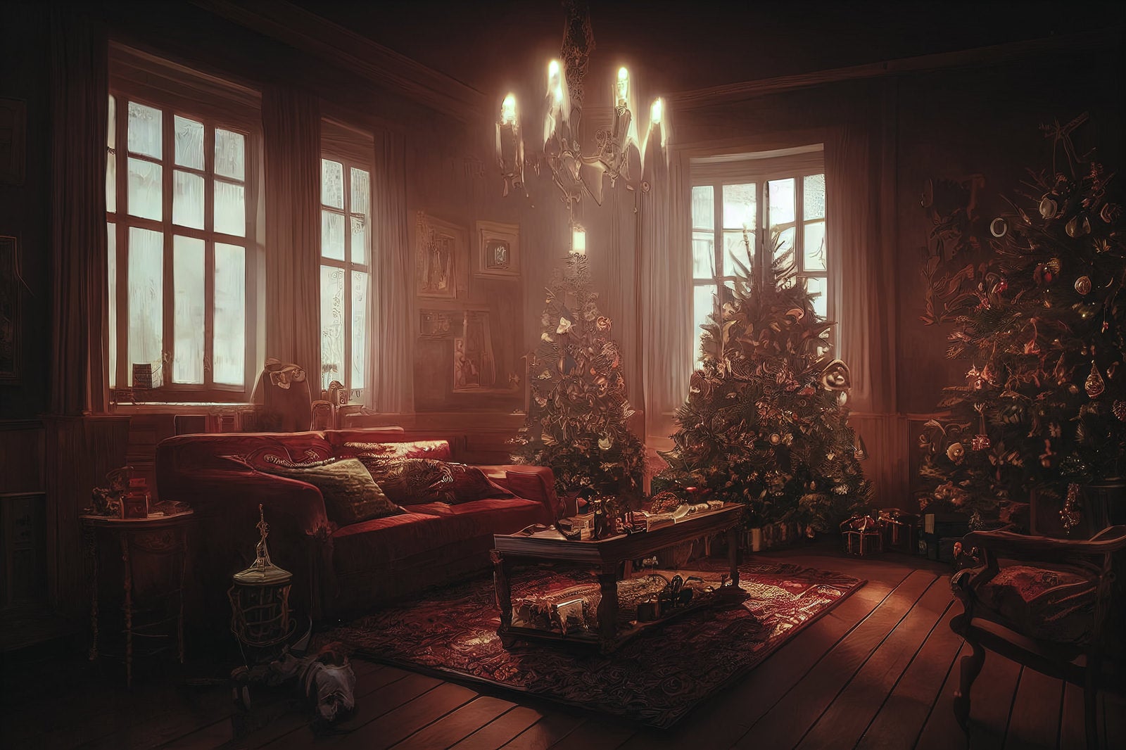 「クリスマスツリーとプレゼントが置かれたリビングの様子」の写真