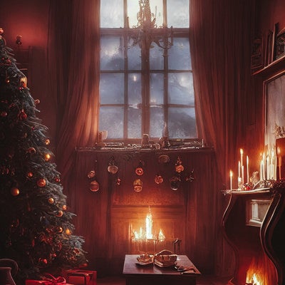 窓から入る月明りとクリスマスツリーの写真