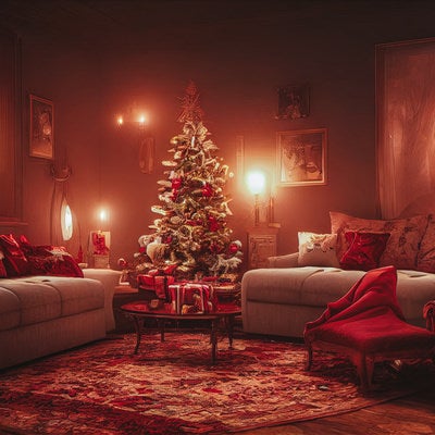 クリスマスツリーが中央に置かれライトアップされた室内の写真
