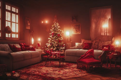 クリスマスツリーが中央に置かれライトアップされた室内の写真