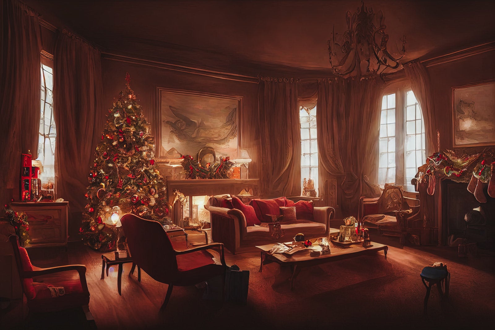 「暖炉ある部屋に飾られたクリスマスツリー」の写真