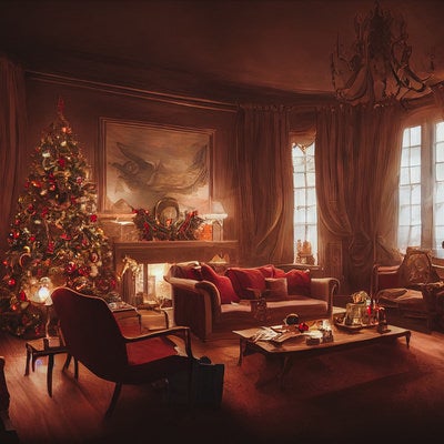 暖炉ある部屋に飾られたクリスマスツリーの写真
