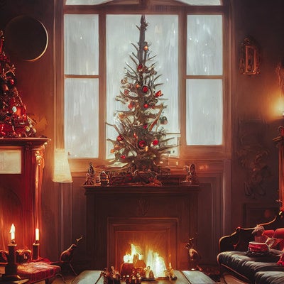 暖炉の火とクリスマスデーの写真