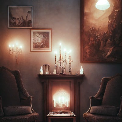 絵画,暖炉,ソファーの写真