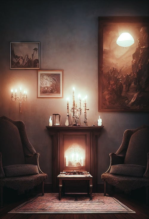 絵画,暖炉,ソファーの写真