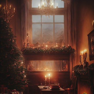 日が沈みキャンドルの明かりが雰囲気を作るクリスマスの日の写真