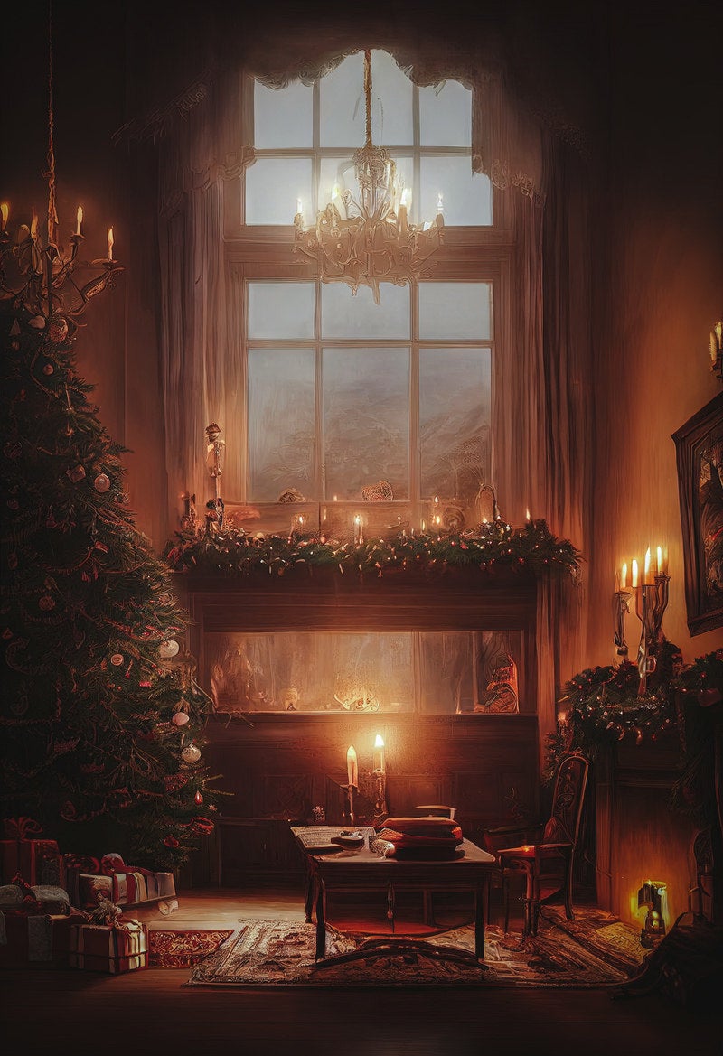 「日が沈みキャンドルの明かりが雰囲気を作るクリスマスの日」の写真