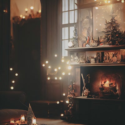 光が舞うクリスマスの日の室内の写真