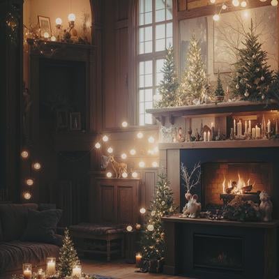 クリスマスに彩る暖炉ある部屋の写真