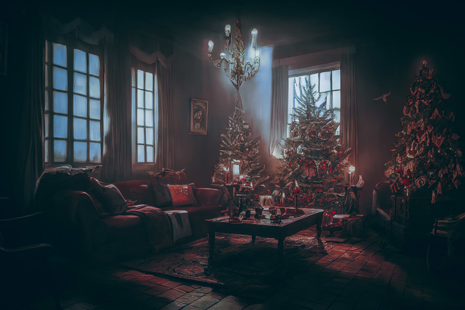 「消し忘れたリビングの照明とクリスマスツリー」の写真
