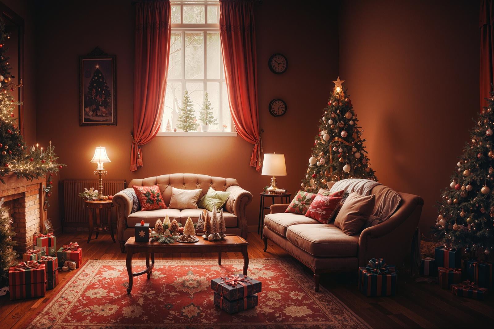 「暖炉の前に置かれたクリスマスプレゼント」の写真