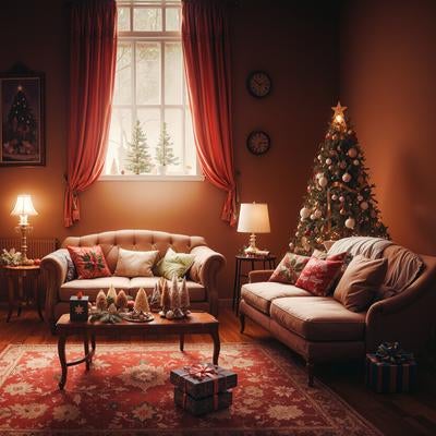 暖炉の前に置かれたクリスマスプレゼントの写真