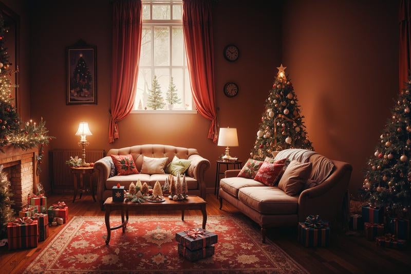 暖炉の前に置かれたクリスマスプレゼントの写真