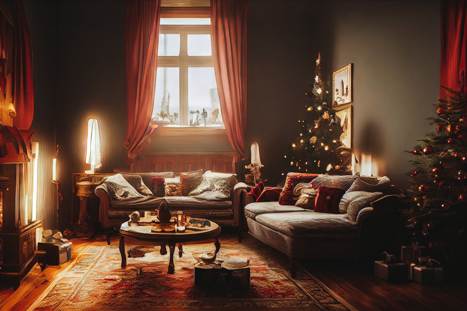 「窓から差し込む光とクリスマス色のリビング」の写真