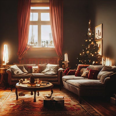 窓から差し込む光とクリスマス色のリビングの写真