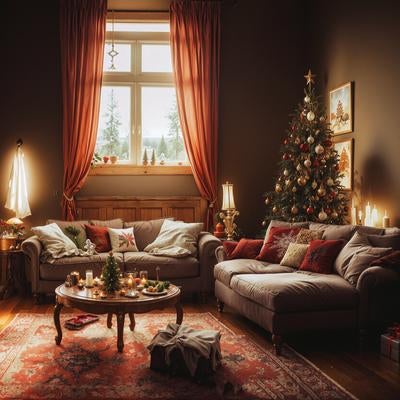窓から差し込む光とクリスマス色のリビングの写真