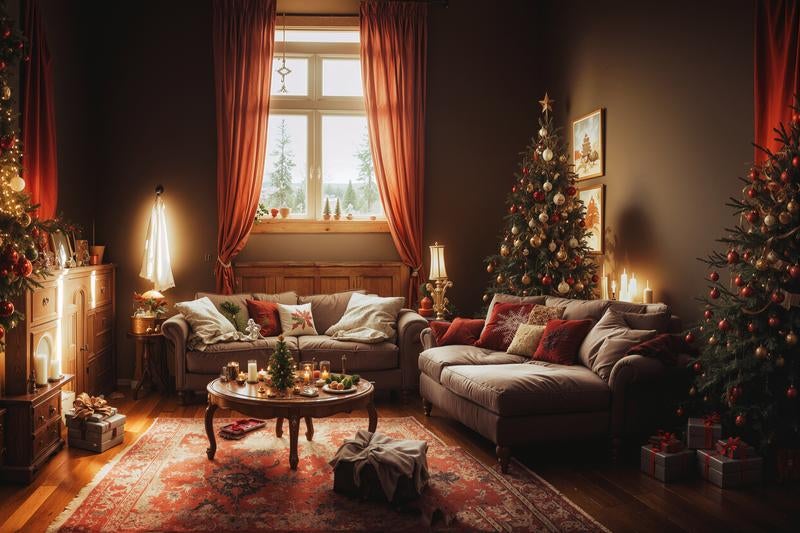 窓から差し込む光とクリスマス色のリビングの写真