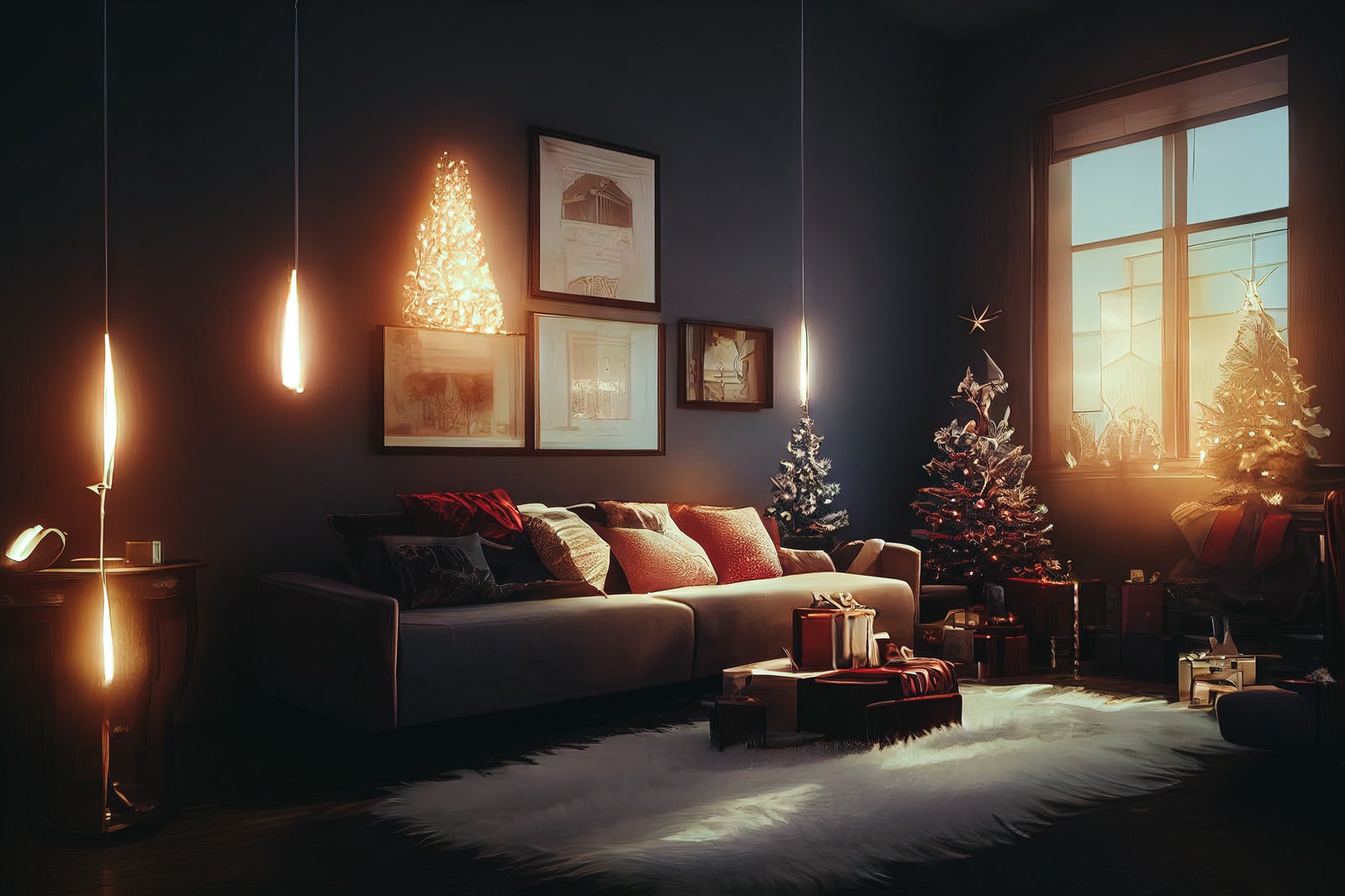 「キャンドルの明かりとクリスマスツリーのある広いリビング」の写真