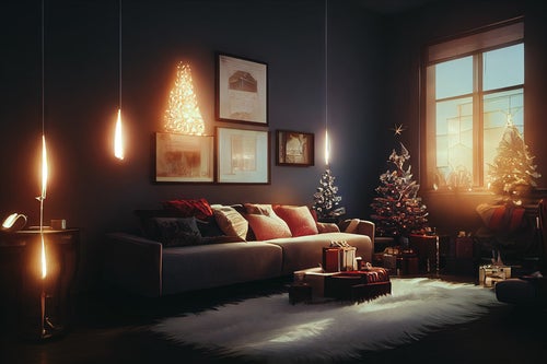キャンドルの明かりとクリスマスツリーのある広いリビングの写真