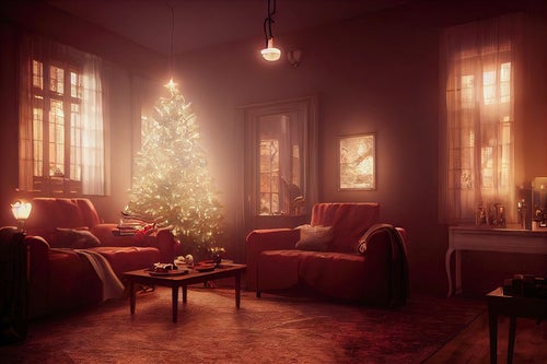 輝くクリスマスツリーとリビングの写真