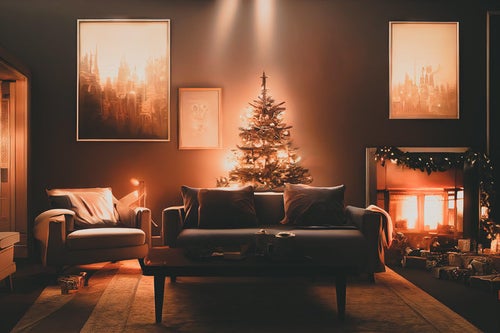 クリスマスツリーとプレゼントが置かれたリビングの写真