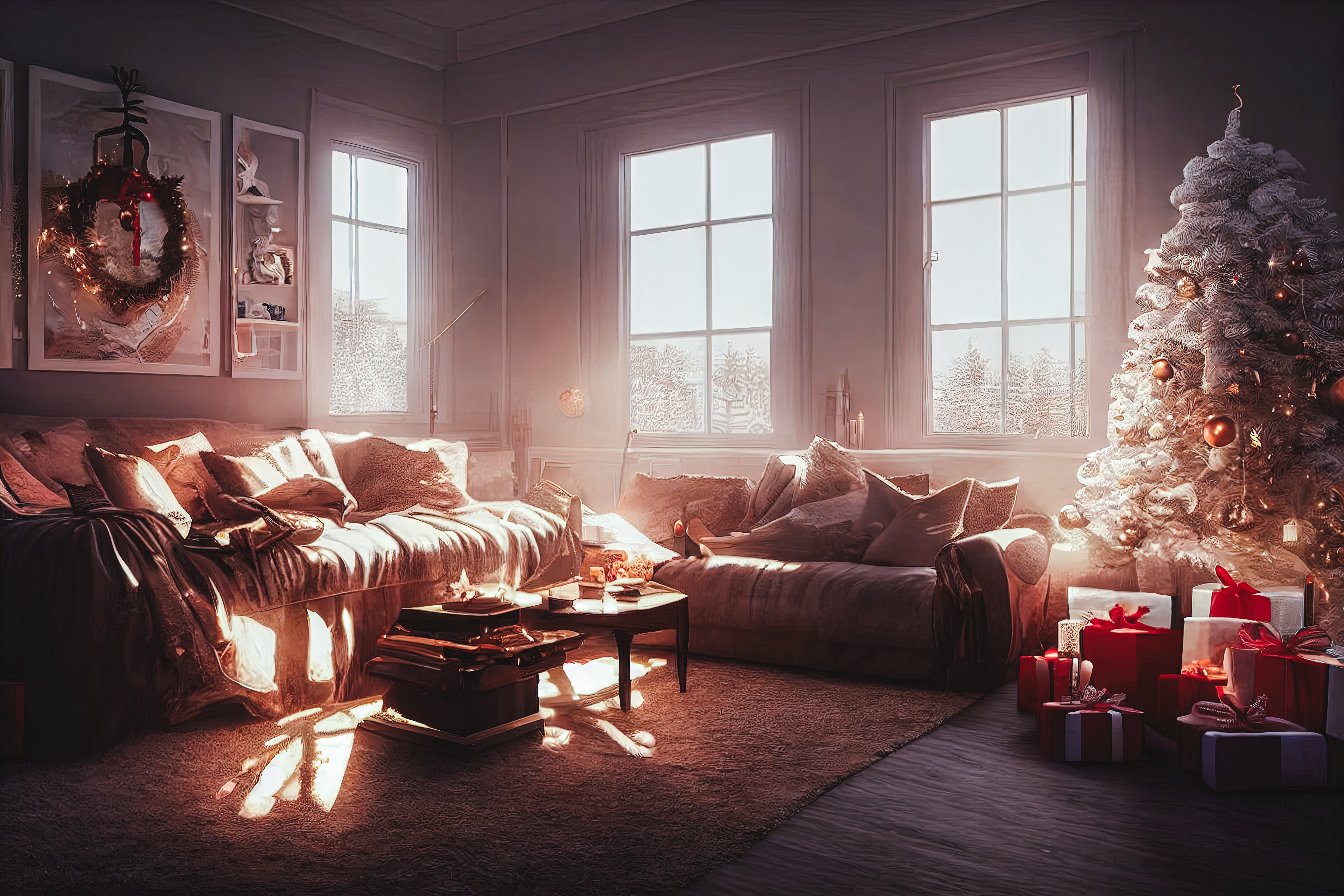 クリスマスドール用背景ボード夜景の見える部屋 クリスマス風の部屋/雪の背景イラスト