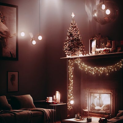 暖炉のある部屋とクリスマスオーナメントの写真