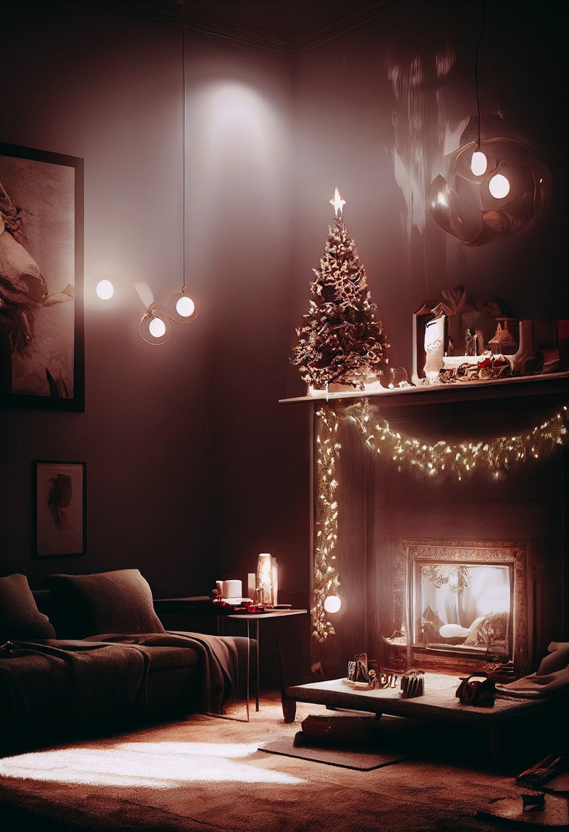 「暖炉のある部屋とクリスマスオーナメント」の写真