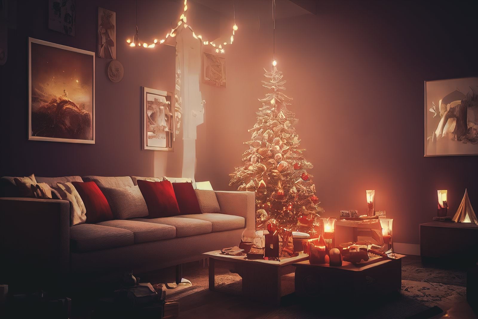 「クリスマスツリーが飾られた部屋」の写真