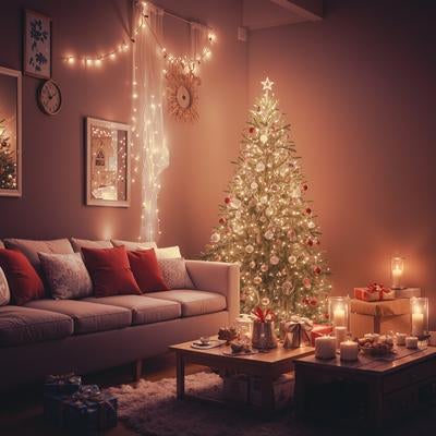 クリスマスツリーが飾られた部屋の写真