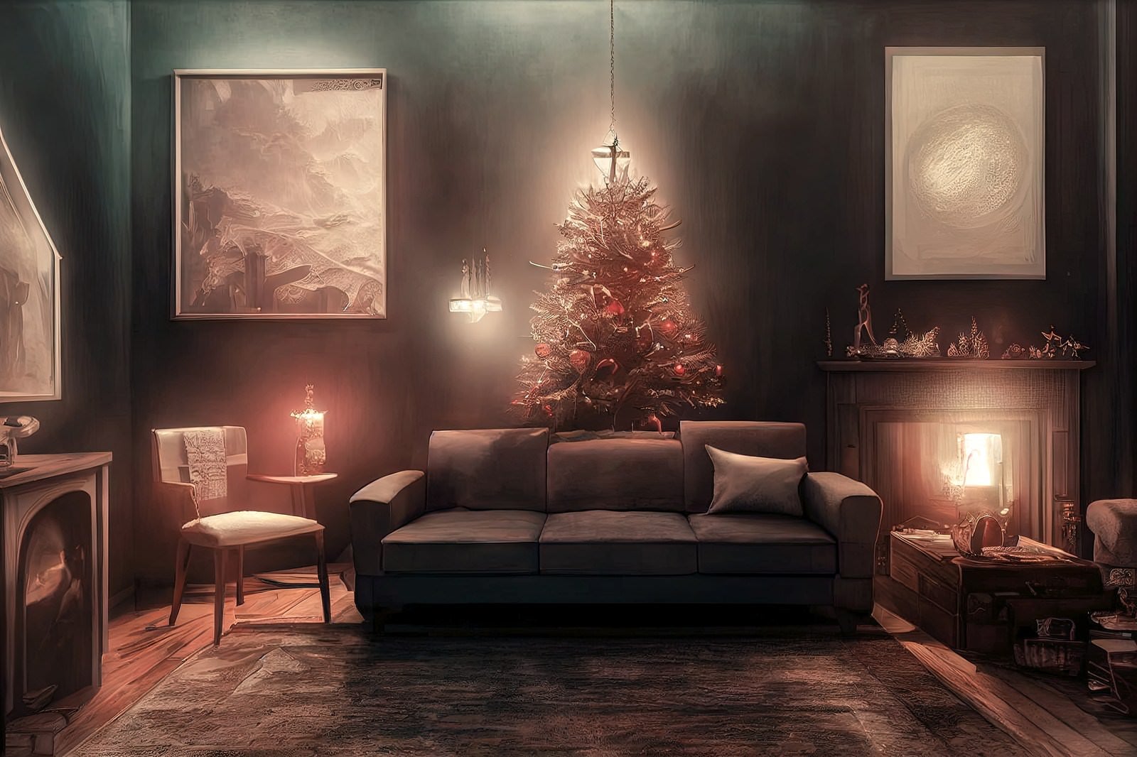 「クリスマスツリーの前のソファー」の写真